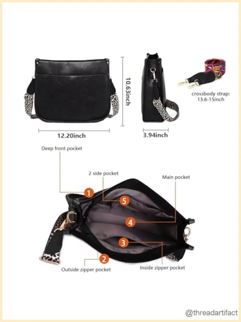Vegan Leather Crossbody Bag with 2 Guitar Straps, Zip Pockets, Shoulder Bag